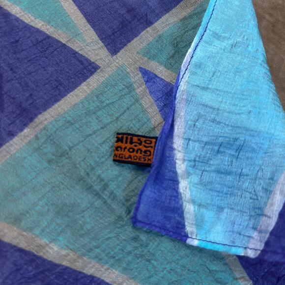 Aaron Bangladesh Blue Satin Geometric Lightweight Scarf Rectangle Boho Hippie - Picture 3 of 6